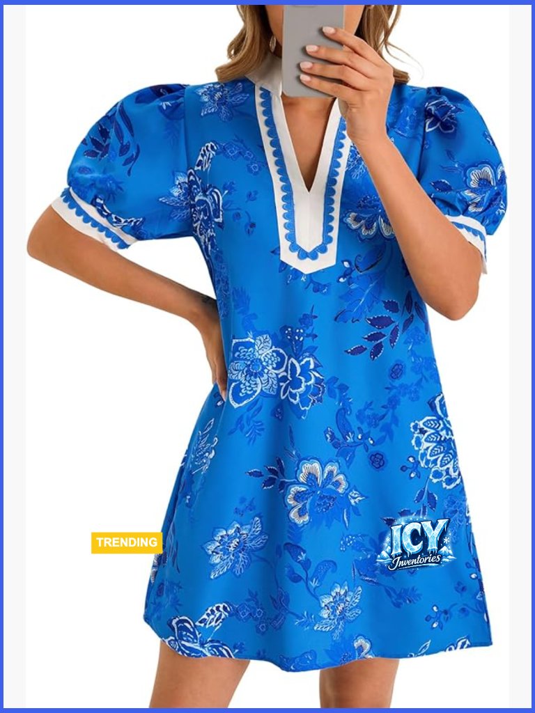 Summer Mini Dress With Puff Sleeves V Neck Floral Print Hidden Pockets